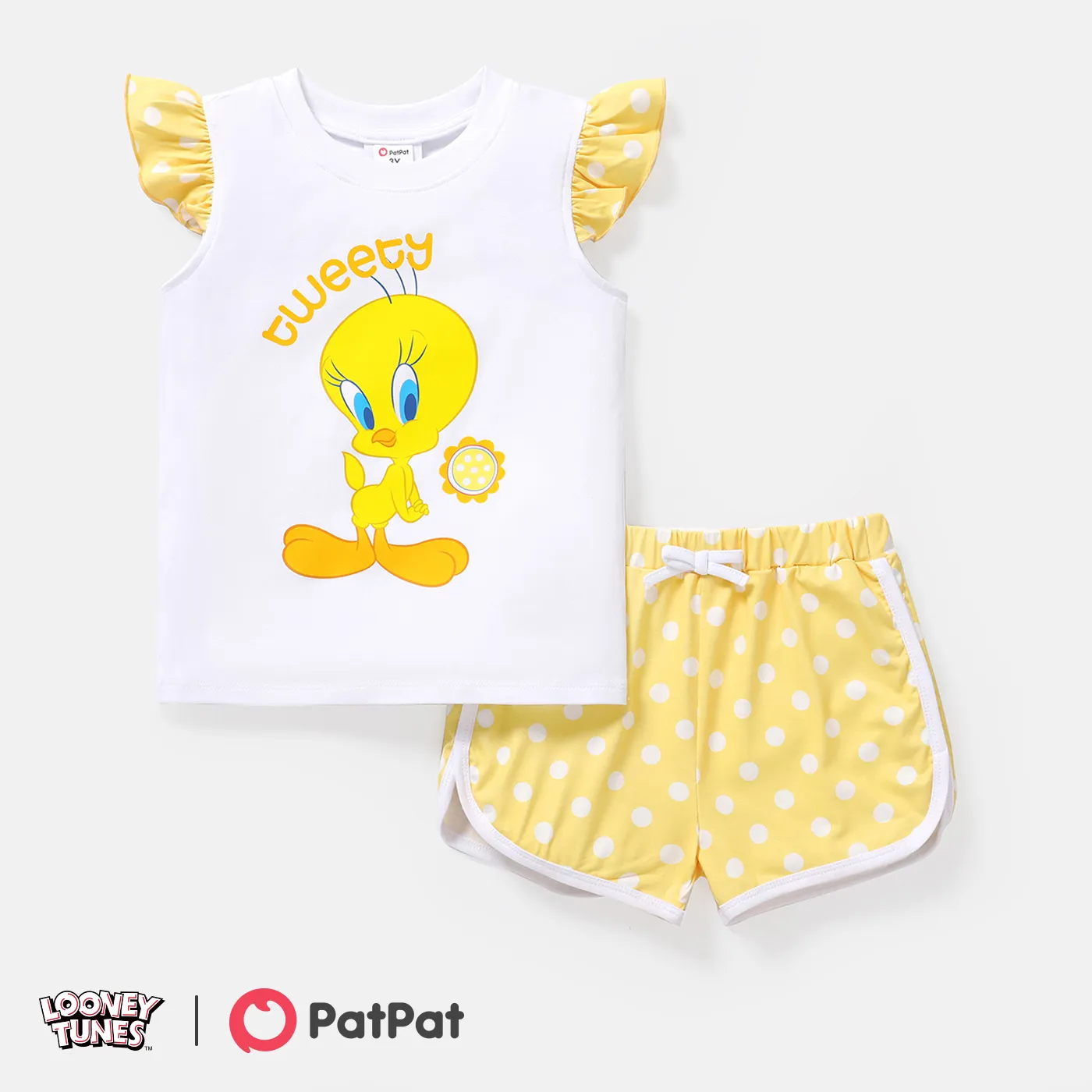 Looney Tunes 2pcs Toddler Girl Cotton Flutter-sleeve Tee and Naia Polka dots Shorts Set yellowwhite