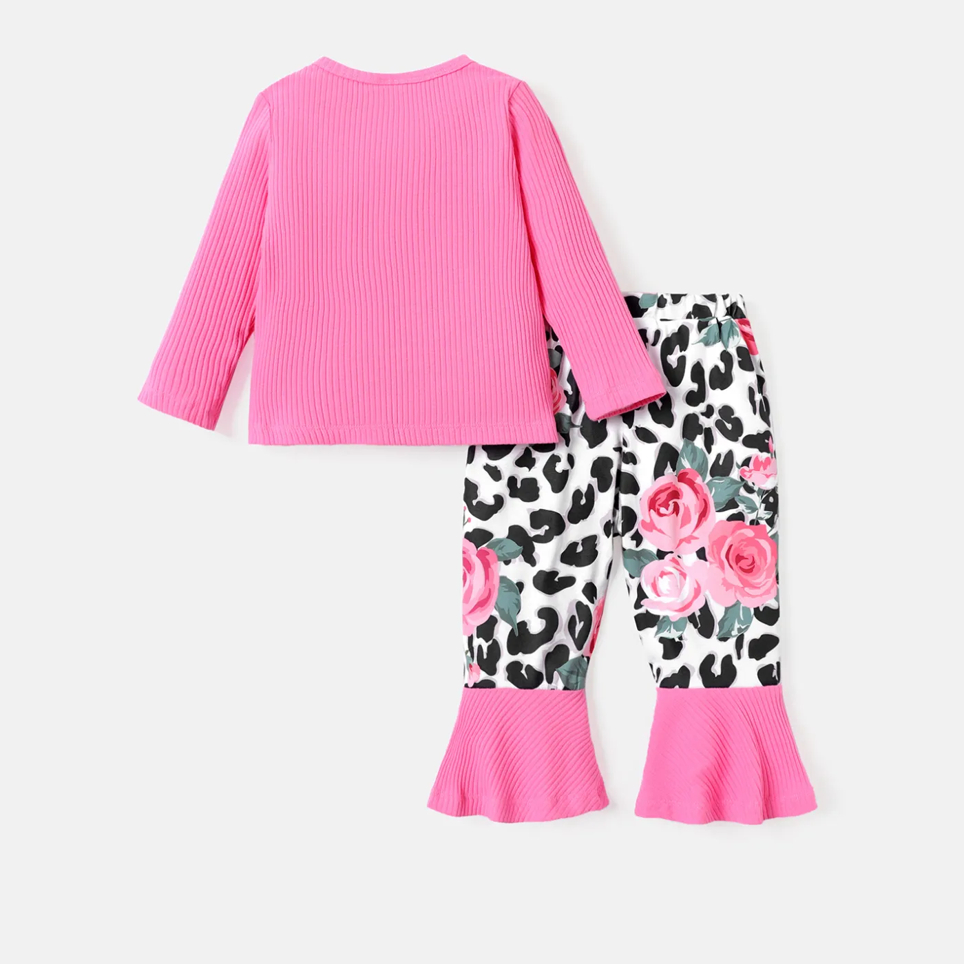 2pcs Baby Girl Long-sleeve Letter Print Cotton Ribbed Top and Leopard Print Flared Pants Set  image 2