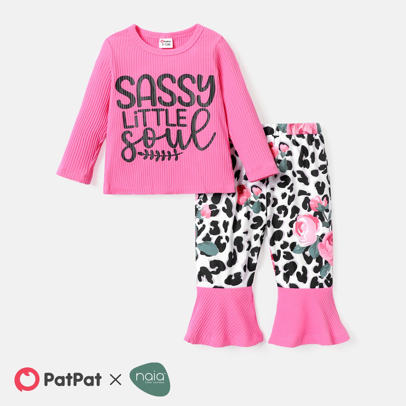 2pcs Baby Girl Long-sleeve Letter Print Cotton Ribbed Top and Leopard Print Flared Pants Set