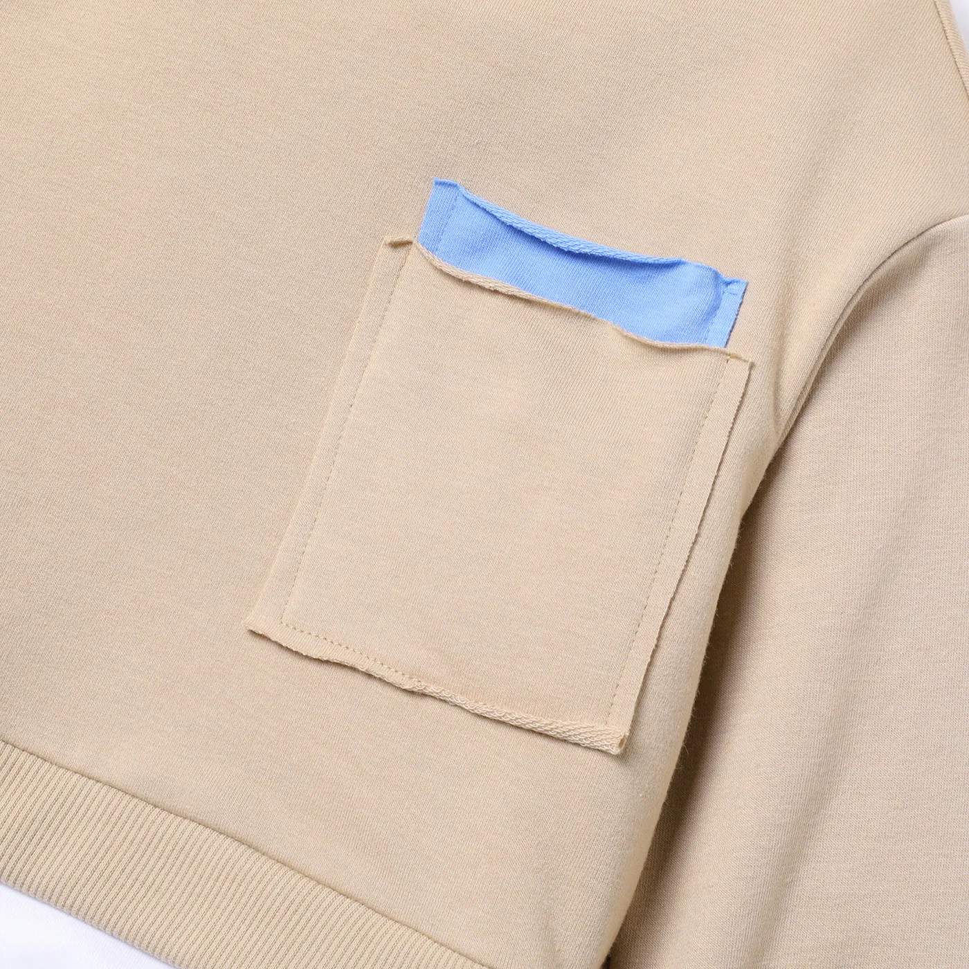 2pcs Toddler Boy Faux-two Pocket Design Sweatshirt and Colorblock Pants Set Khaki image 3