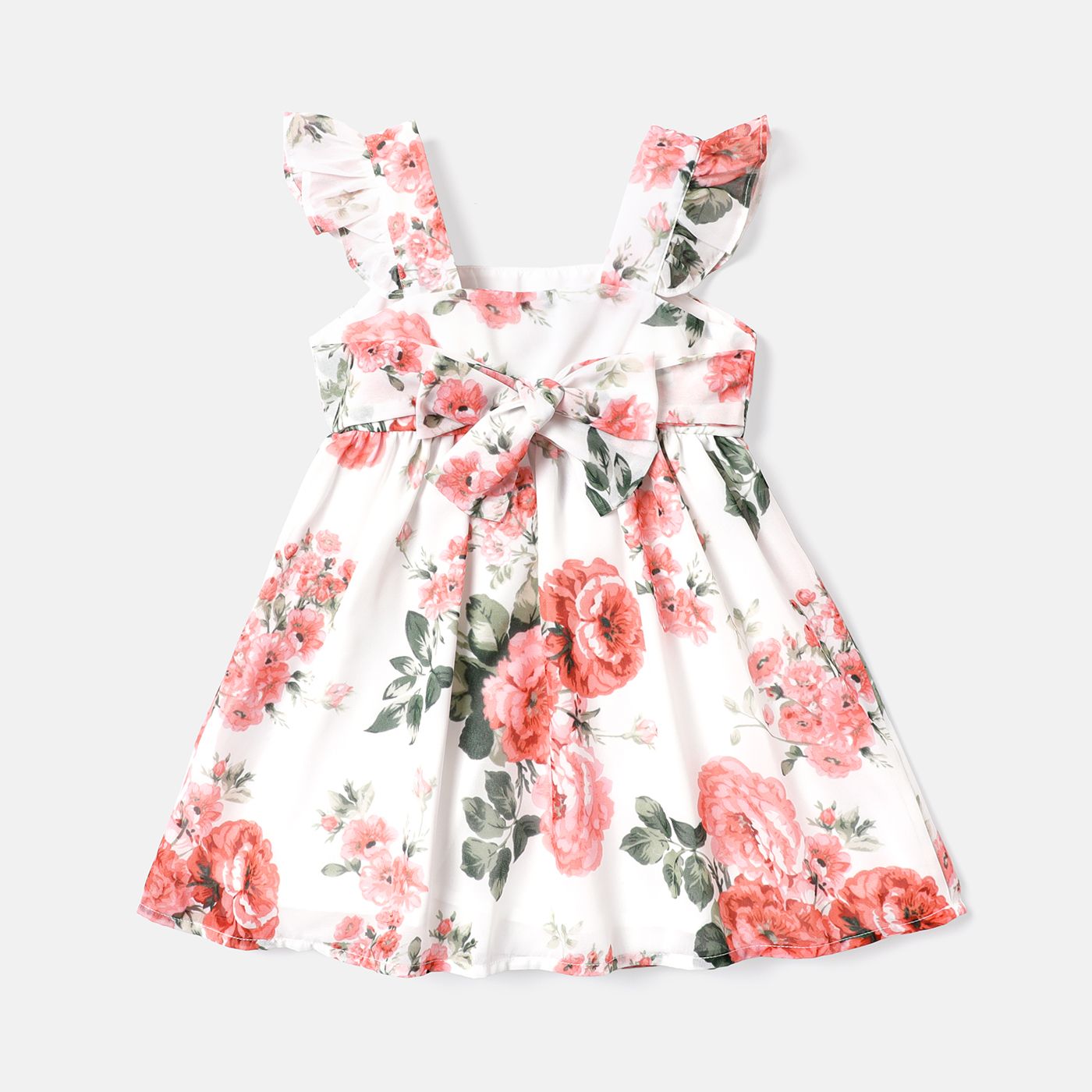 Toddler Girl Floral Print Square Neck Flutter-sleeve Belted Dress