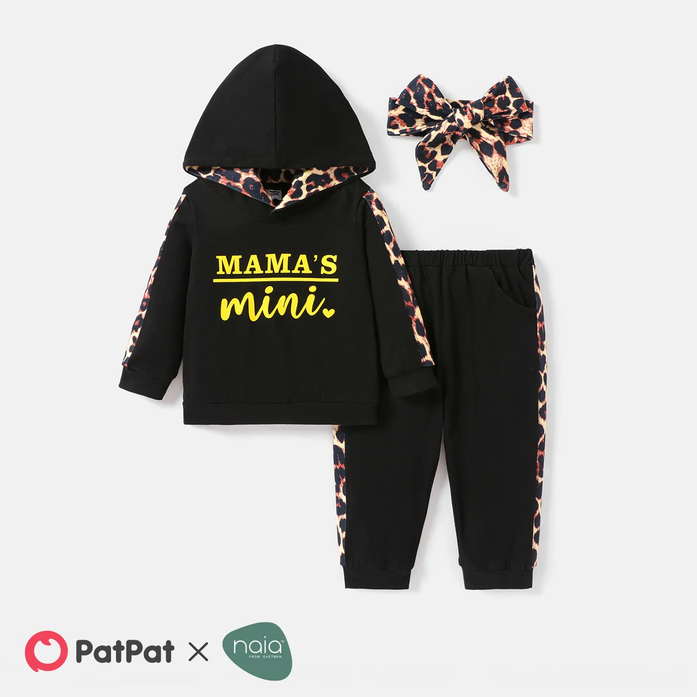 3pcs Baby Boy/Girl Leopard Print Cotton Spliced Long-sleeve Letter Graphic Naia™ Hoodie and Sweatpants & Headband Set Black
