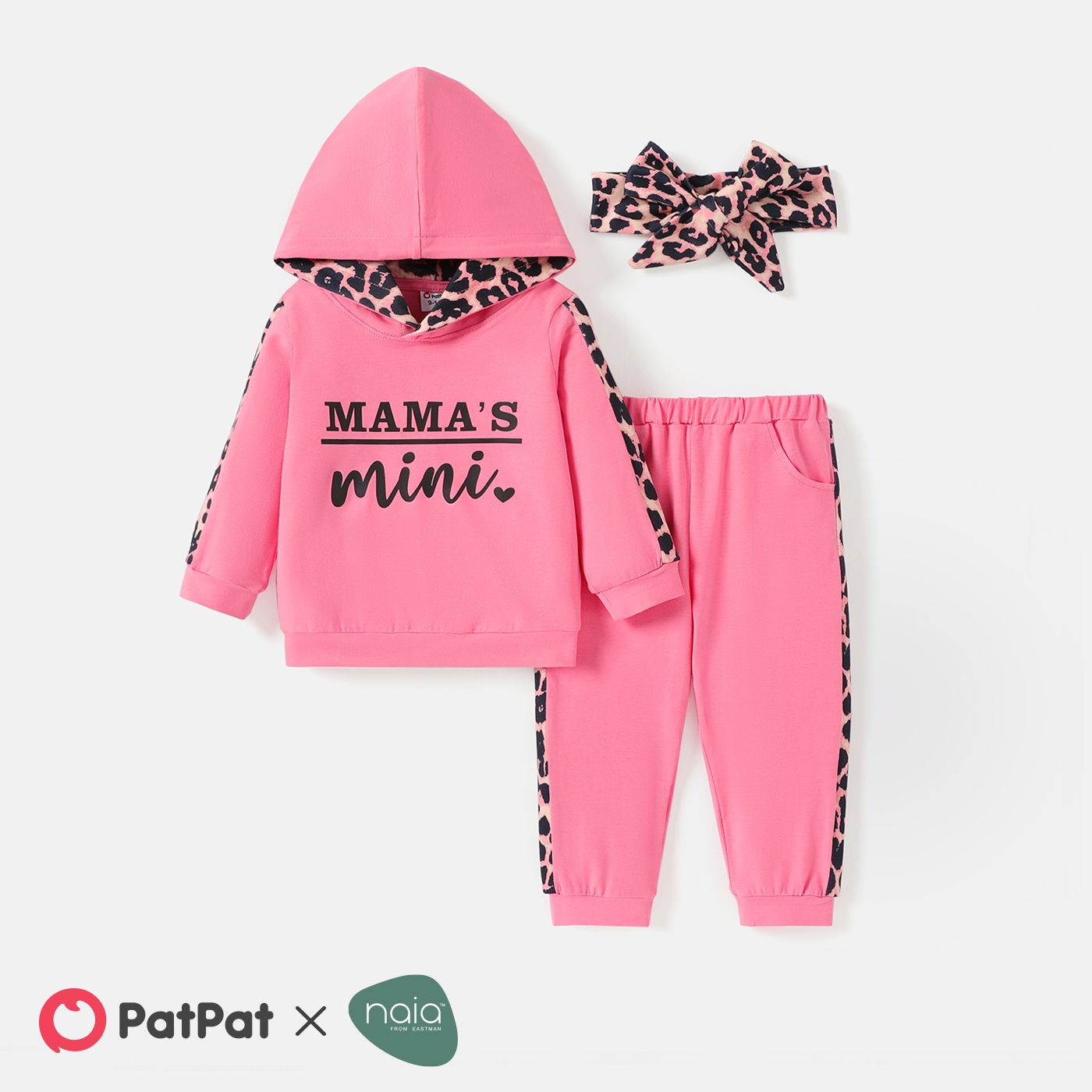 

3pcs Baby Boy/Girl Leopard Print Cotton Spliced Long-sleeve Letter Graphic Naia™ Hoodie and Sweatpants & Headband Set