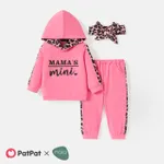 3pcs Baby Boy/Girl Leopard Print Cotton Spliced Long-sleeve Letter Graphic Naia™ Hoodie and Sweatpants & Headband Set Pink