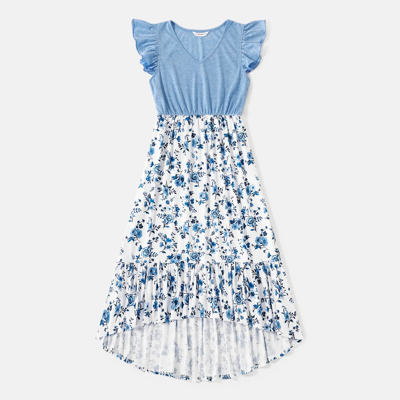 Family Matching Floral Print High Low Hem Flutter-sleeve Spliced Naia™ Dresses and Short-sleeve Striped T-shirts Sets  image 5