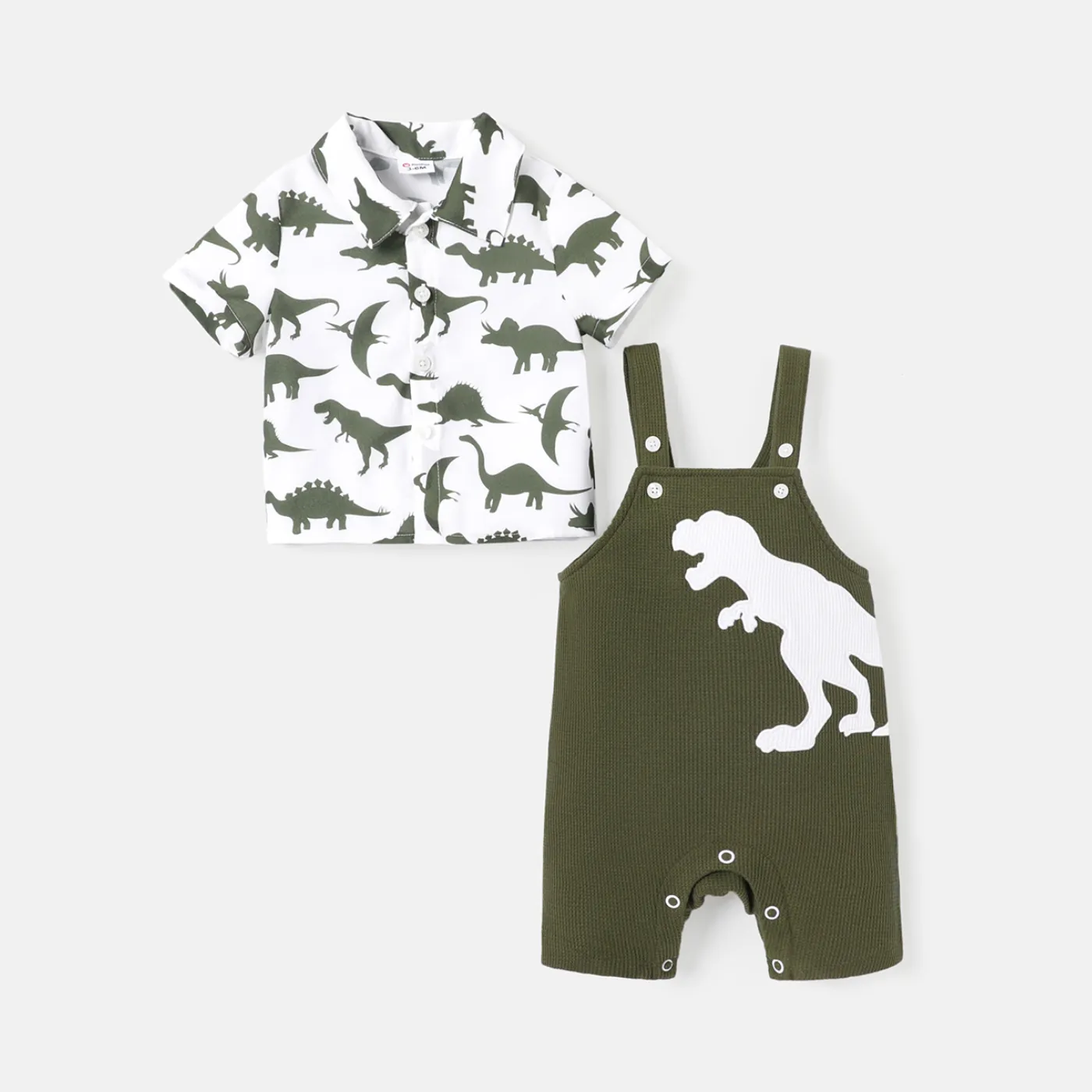 2pcs Baby Boy Short-sleeve Allover Dinosaur Print Shirt and Overalls Shorts Set  image 2