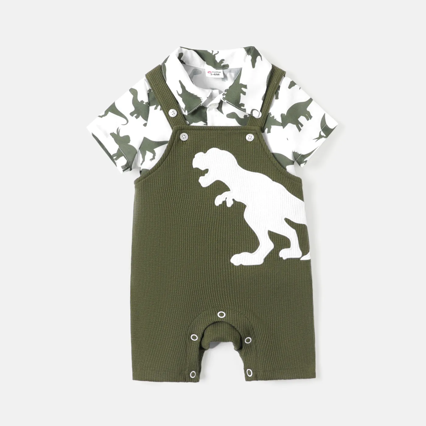 

2pcs Baby Boy Short-sleeve Allover Dinosaur Print Shirt and Overalls Shorts Set