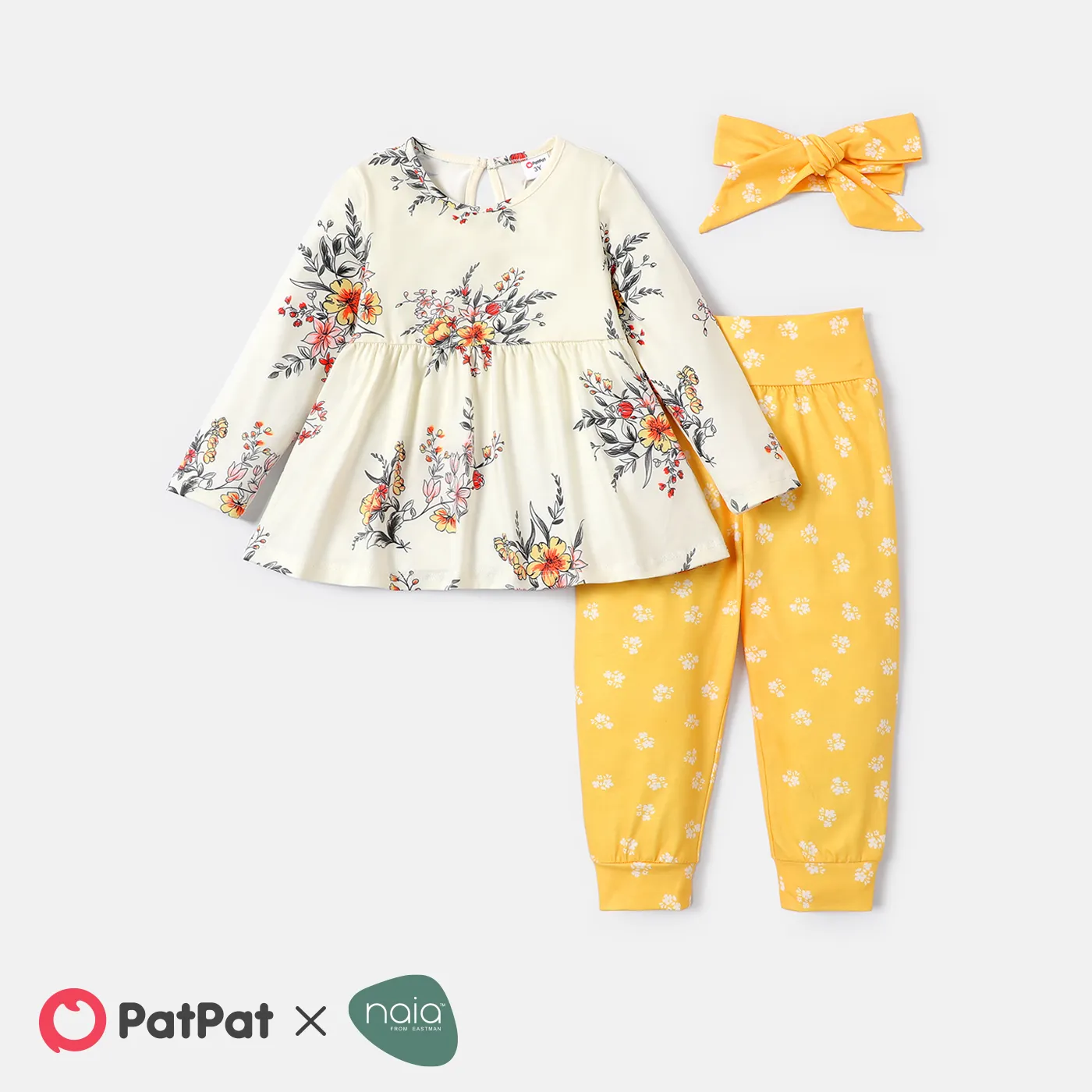 Naia 3pcs Toddler Girl Floral Print Long-sleeve Tee & Pants And Headband Set