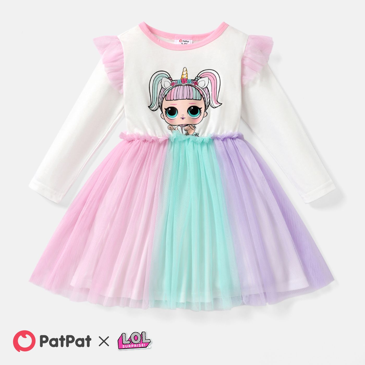 

L.O.L. SURPRISE! Toddler Girl Character Print Mesh Splice Long-sleeve Cotton Dress