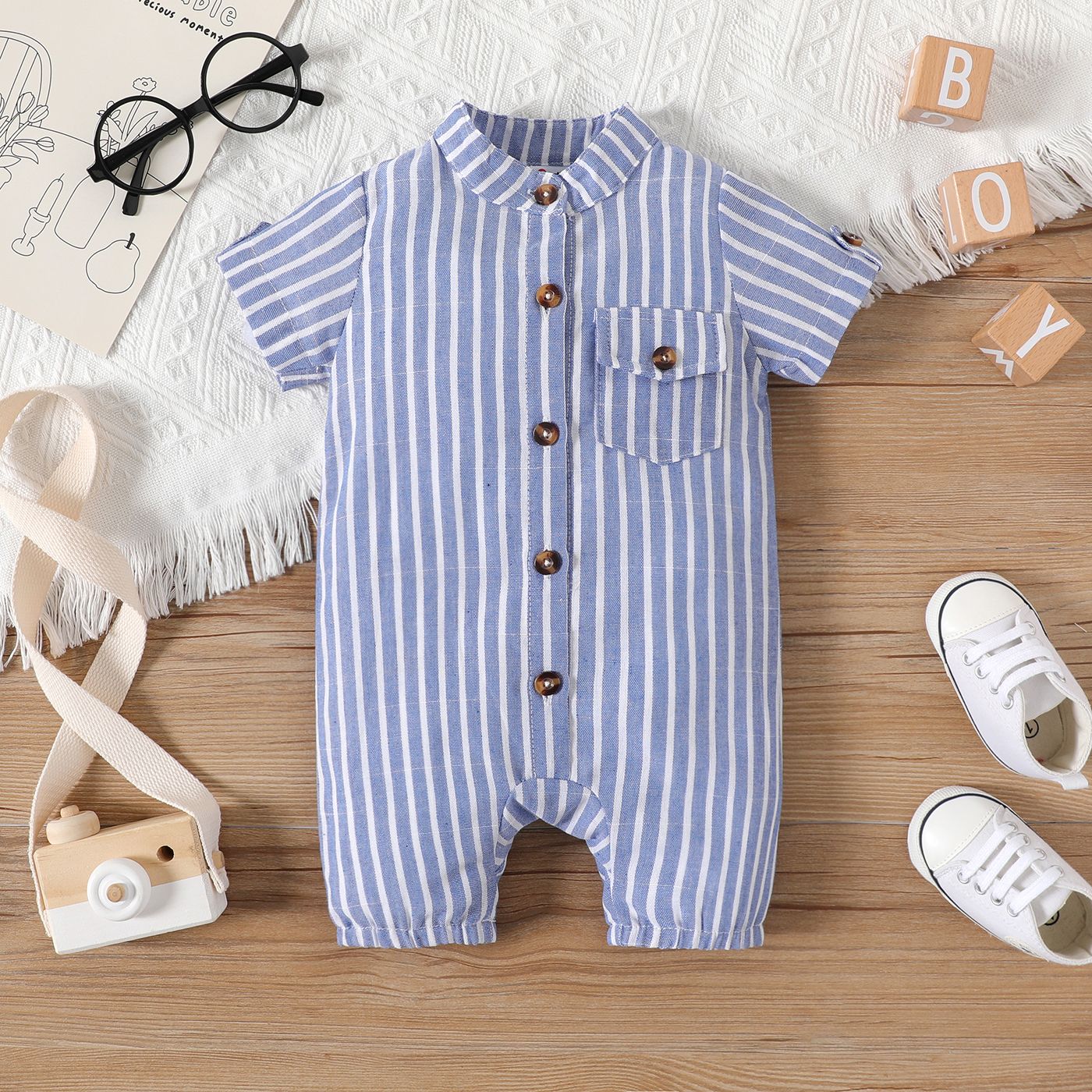 

Baby Boy Blue Striped Button Front Short-sleeve Romper