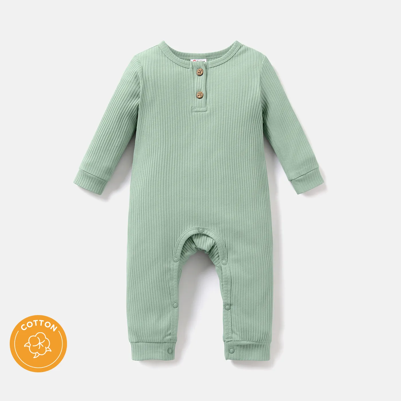

Baby Girl/Boy Cotton Button Design Solid Color Ribbed Long-sleeve Jumpsuits