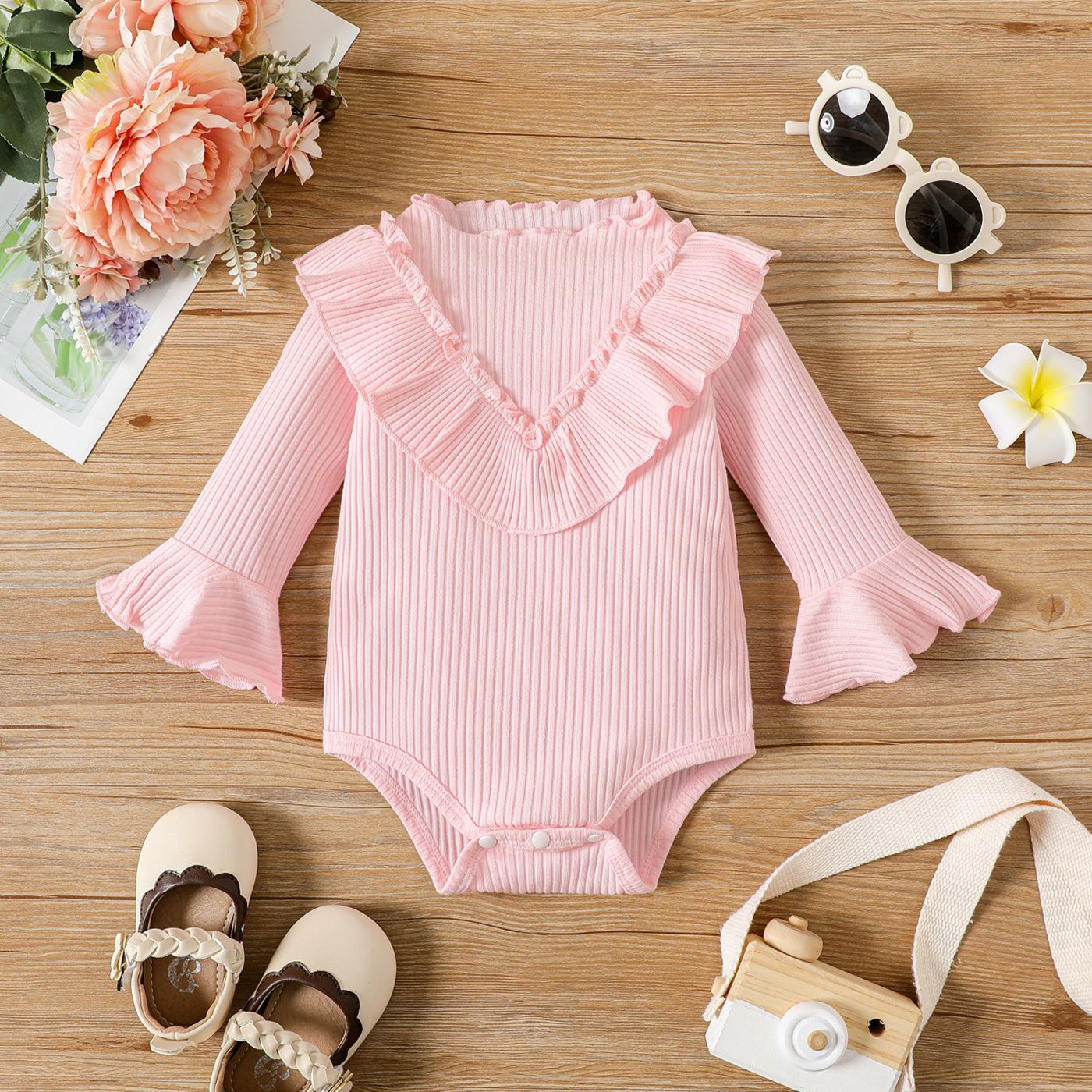 

Baby Girl 95% Cotton Ribbed Ruffle Trim Long-sleeve Romper