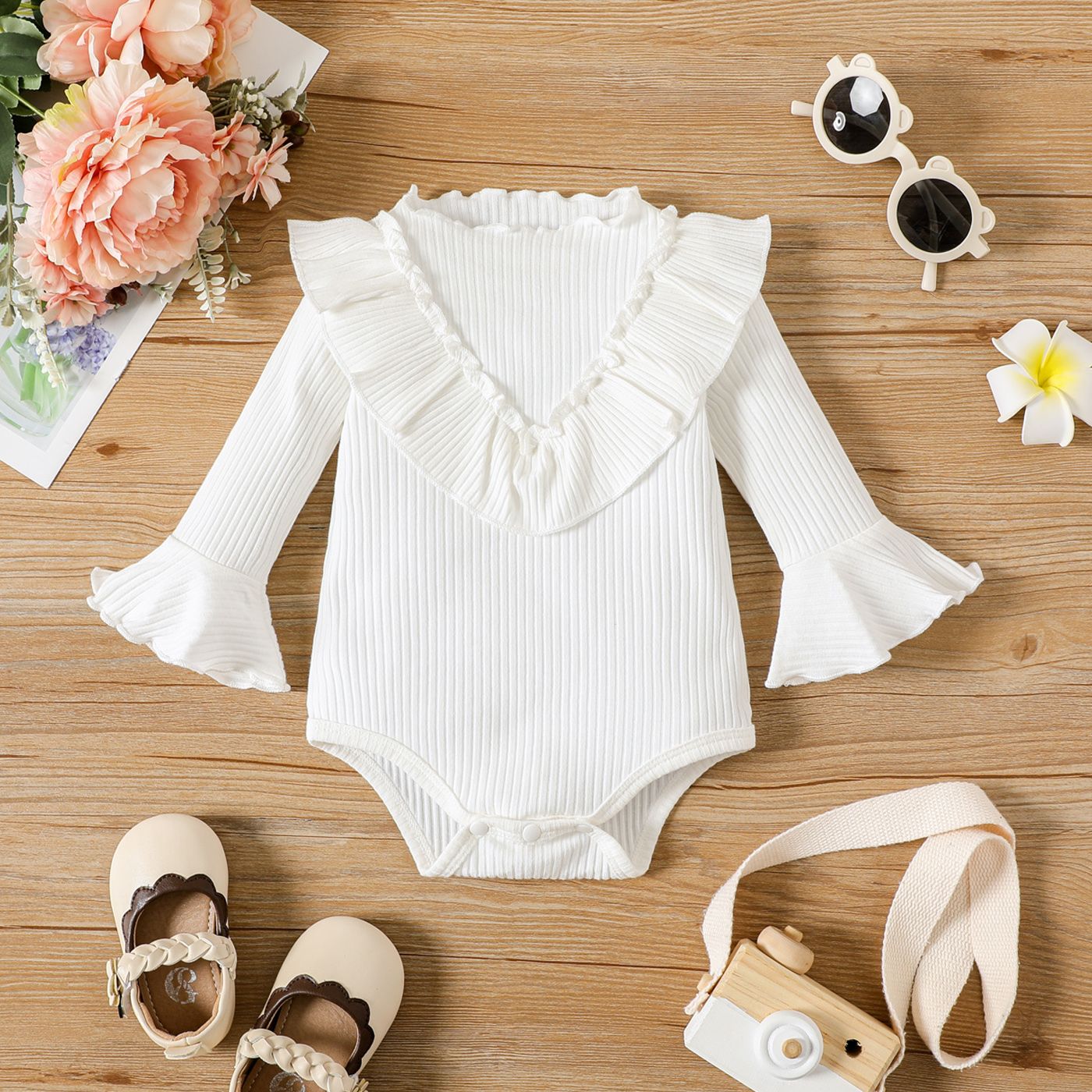 

Baby Girl 95% Cotton Ribbed Ruffle Trim Long-sleeve Romper