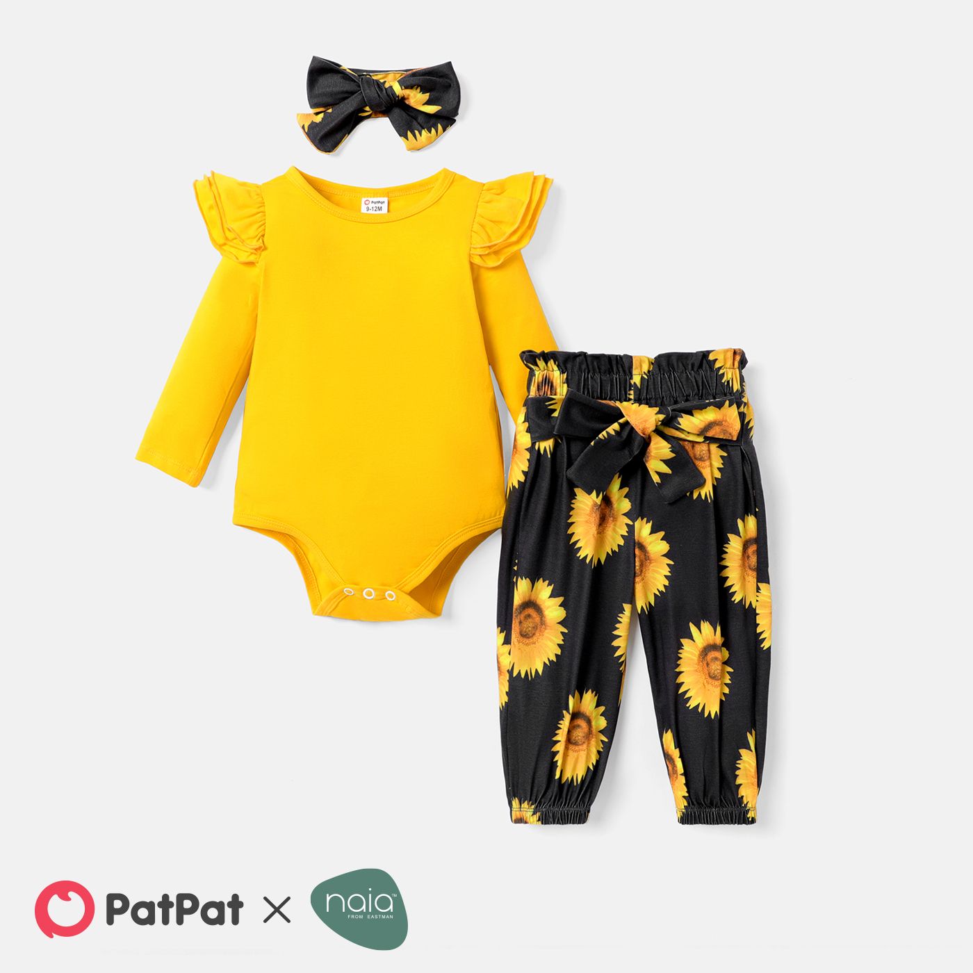 3pcs Baby Girl Solid Ruffle Trim Long-sleeve Romper And Sunflower Print Belted Naiaâ¢ Pants & Headband Set