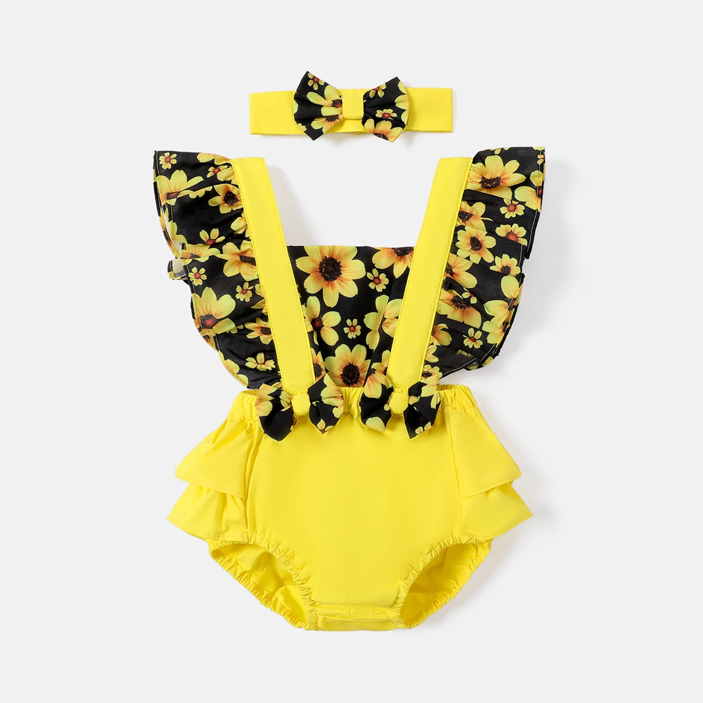 2pcs Baby Girl 100% Cotton Solid & Sunflower-print Spliced Layered Ruffle Trim Romper & Headband Set