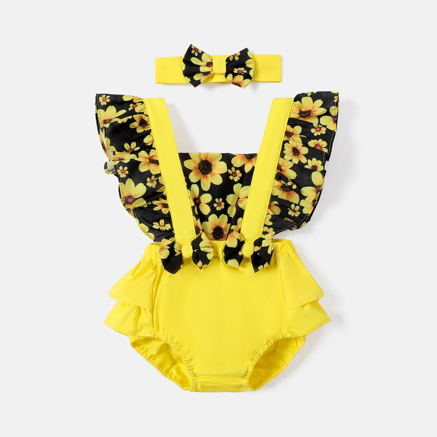 2pcs Baby Girl 100% Cotton Solid & Sunflower-print Spliced Layered Ruffle Trim Romper & Headband Set Bright Yellow big image 1