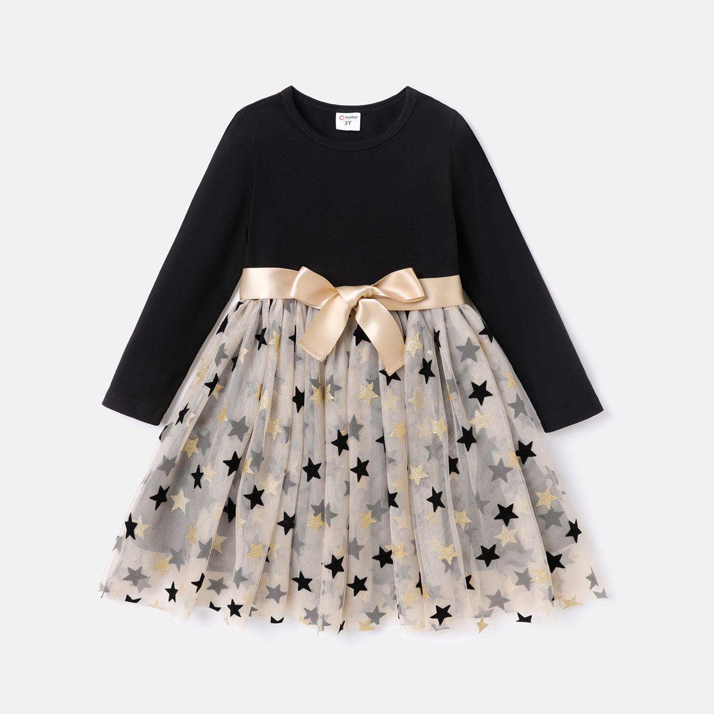 

Toddler Girl Star Glitter Design Mesh Splice Beautiful Long-sleeve Dress