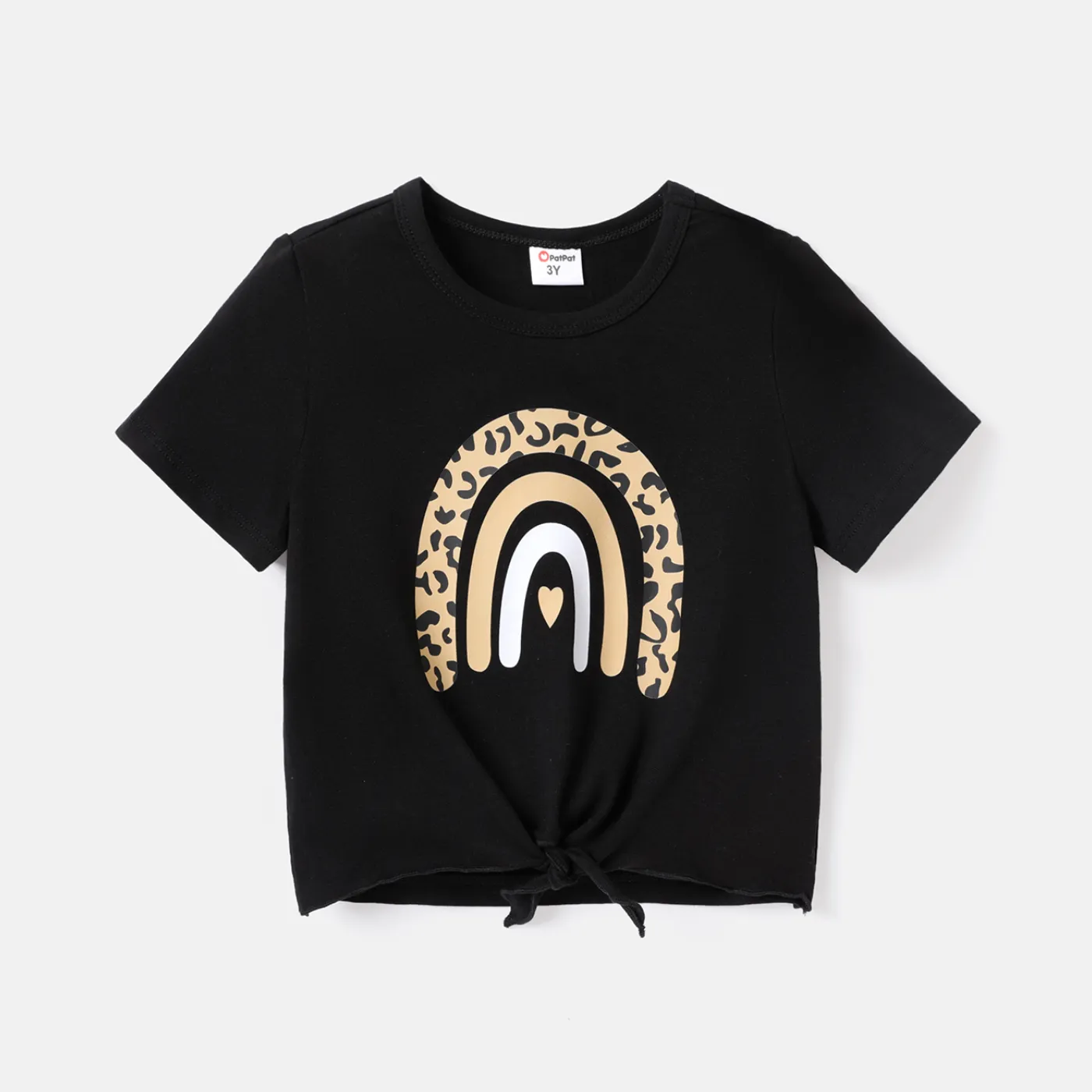 Toddler Girl Rainbow Print Tie Knot Short-sleeve Cotton Tee Black