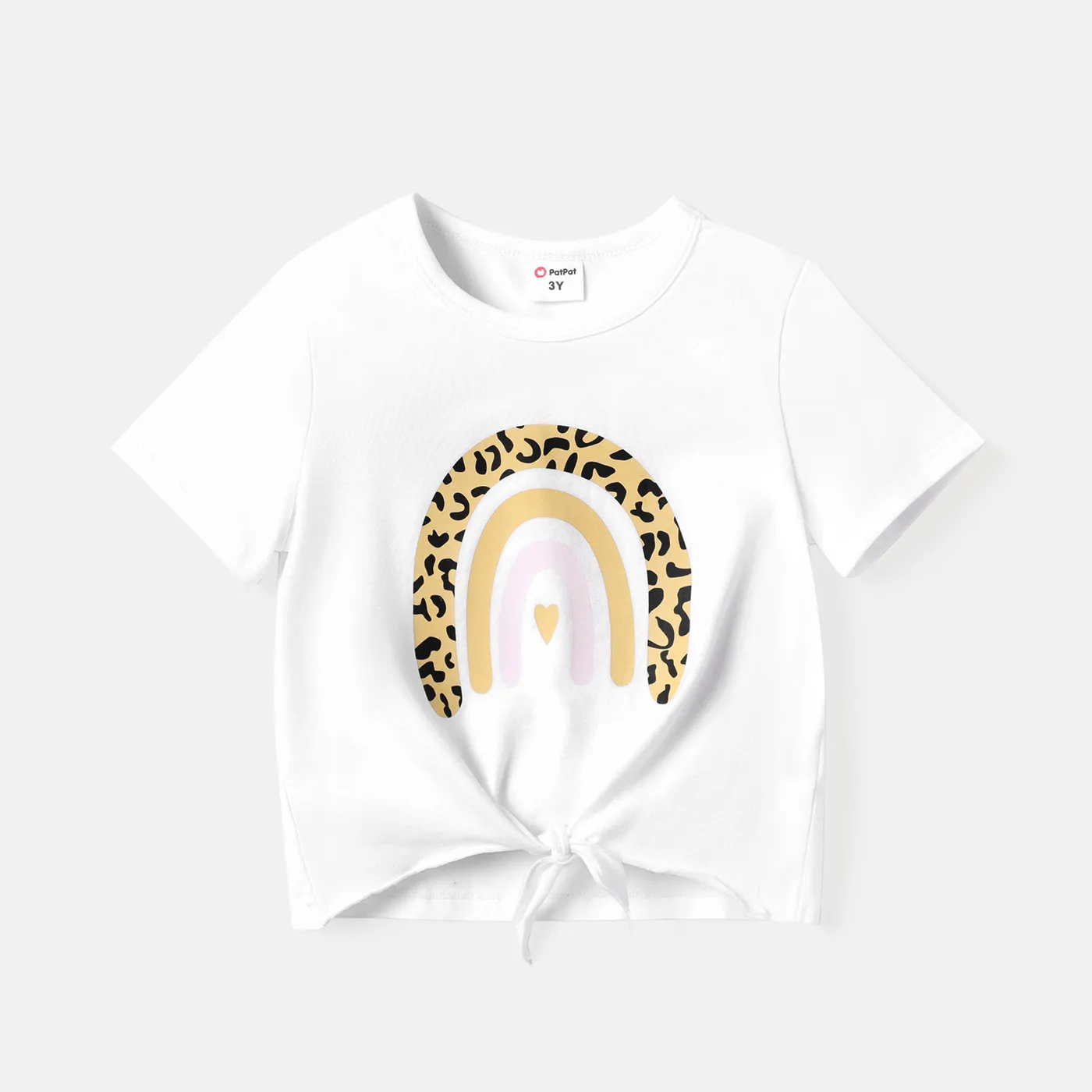 Toddler Girl Rainbow Print Tie Knot Short-sleeve Cotton Tee White