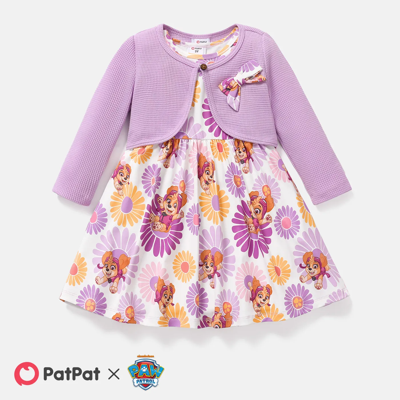 PAW Patrol 2pcs Toddler Girl Naia Floral Print Sleeveless Dress and Bowknot Design Cotton Cardigan Set Purple image 3