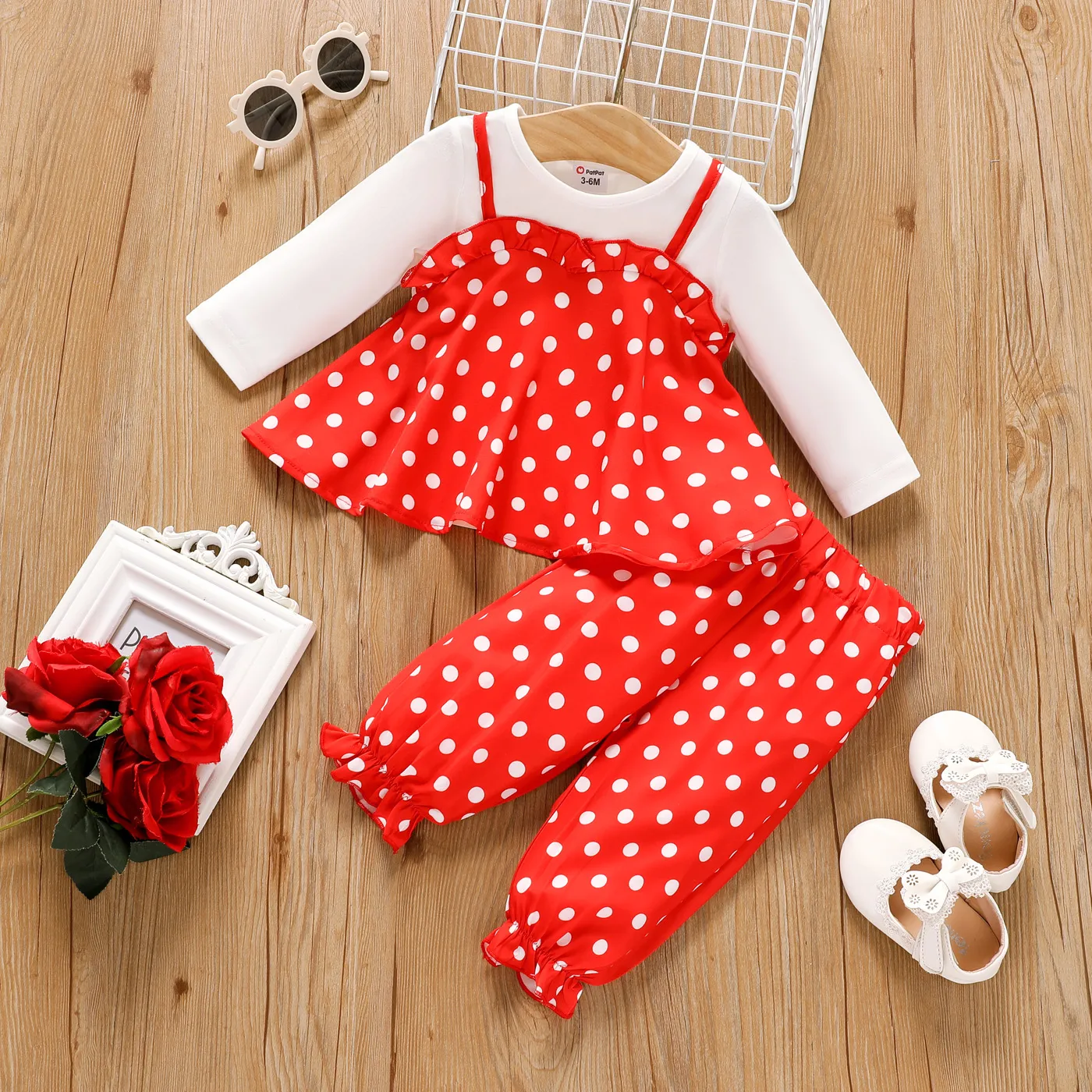 

2pcs Baby Girl Polka Dot Print Long-sleeve Spliced Top & Pants Set