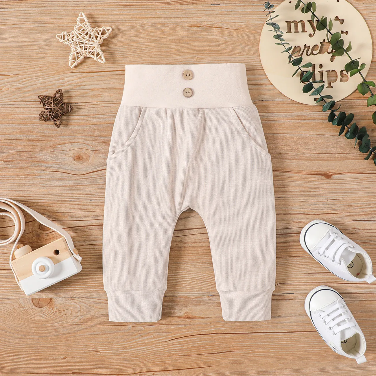 pantalon taille haute texturé gaufré solide pour bébé garçon/fille Abricot big image 1