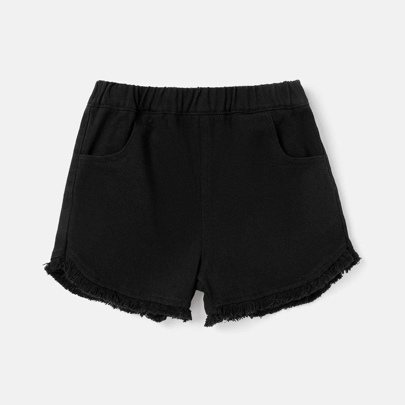 Kid Girl Solid Color Elasticized Cotton Denim Shorts Black big image 1