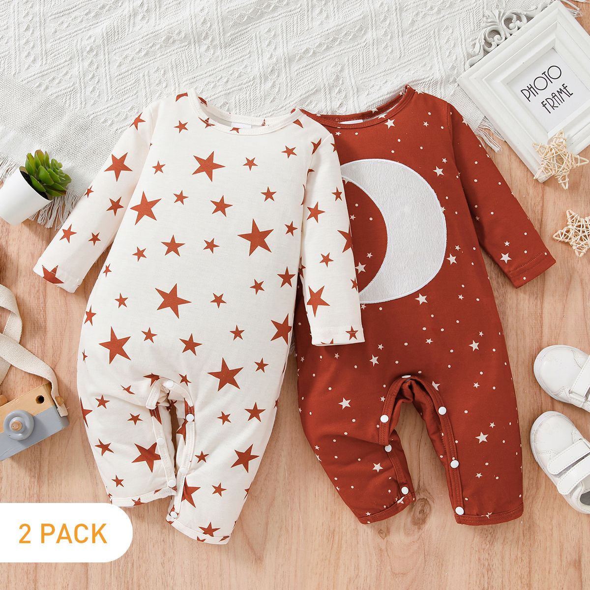 

2-Pack Baby Boy/Girl Allover Star Print Long-sleeve Jumpsuits Set