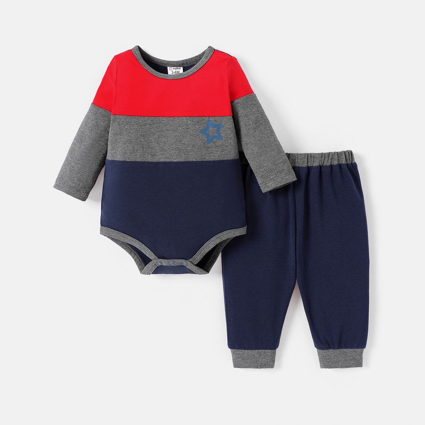 

2pcs Baby Boy Long-sleeve Colorblock Naia™ Romper and Cotton Sweatpants Set
