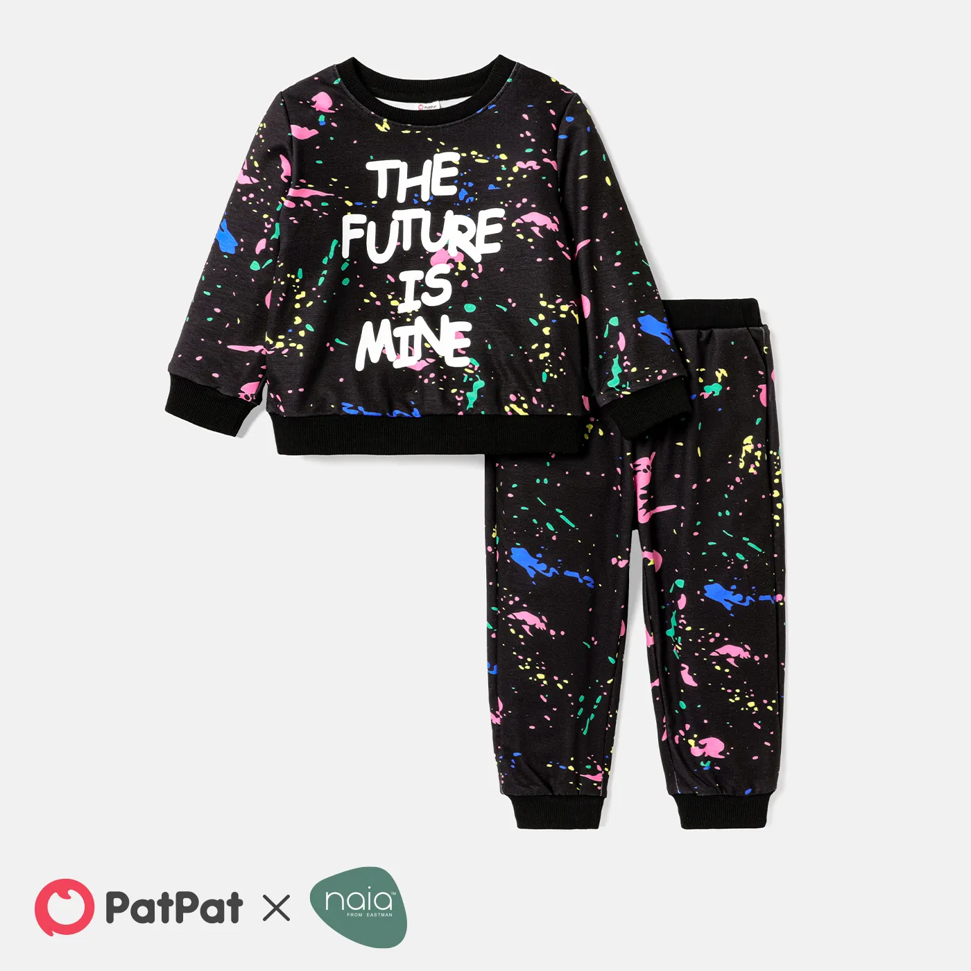 2pcs Toddler Boy Naia Letter Painting Print Sweatshirt and Elasticized Pants Set Black big image 1