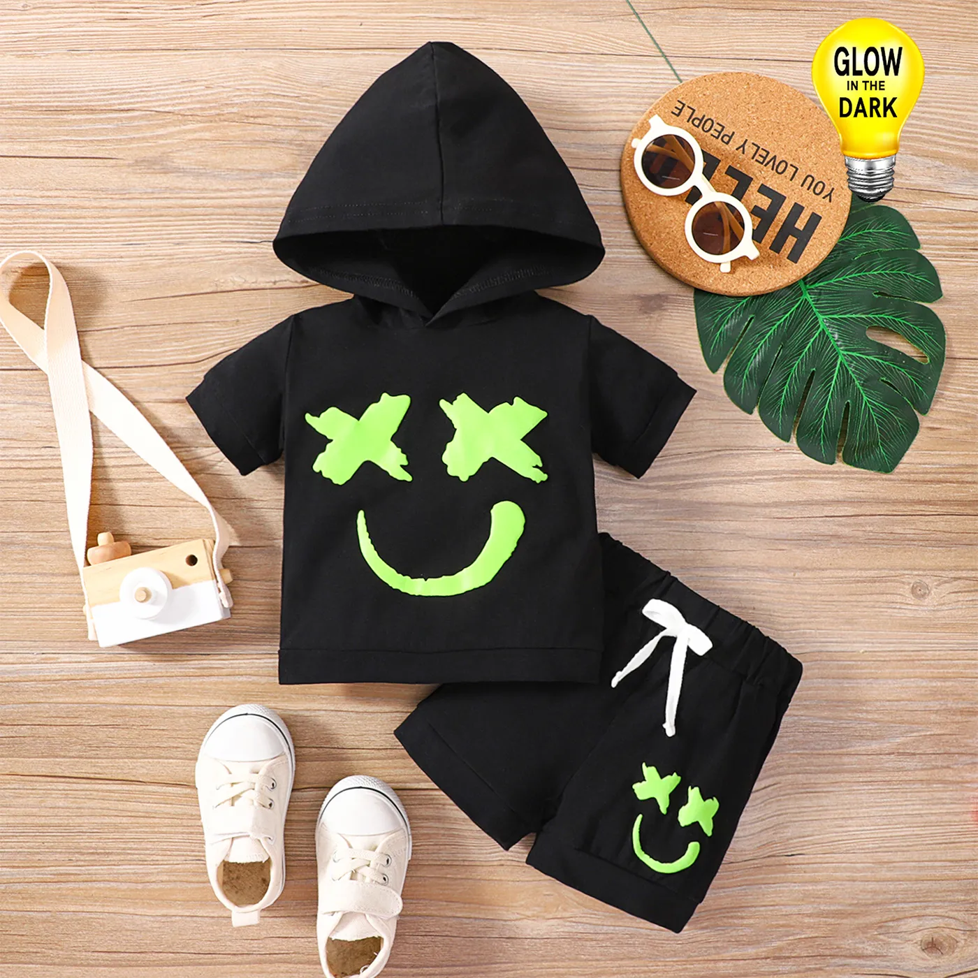 2pcs Baby Boy/Girl 95% Cotton Glow in the Dark Graphic Hooded Short-sleeve Tee & Shorts Set Black image 6