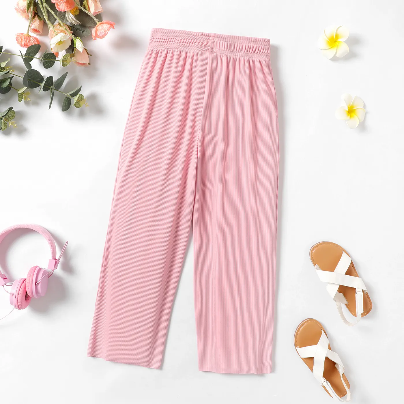 Kid Girl 3D Bowknot Design Solid Color Elasticized Straight Pants Pink image 3