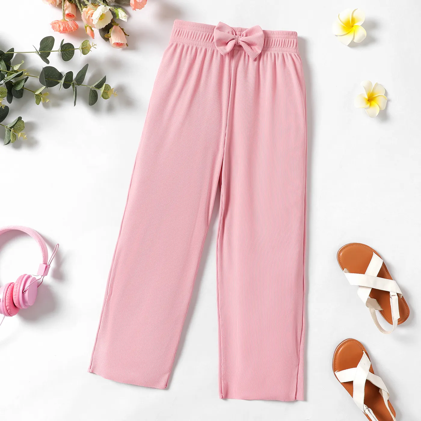 Kid Girl 3D Bowknot Design Solid Color Elasticized Straight Pants Pink big image 1