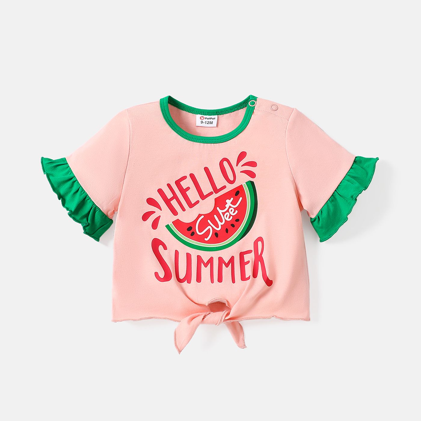 

Baby Girl 100% Cotton Watermelon & Letter Print Ruffle Trim Short-sleeve Knot Front Crop Tee