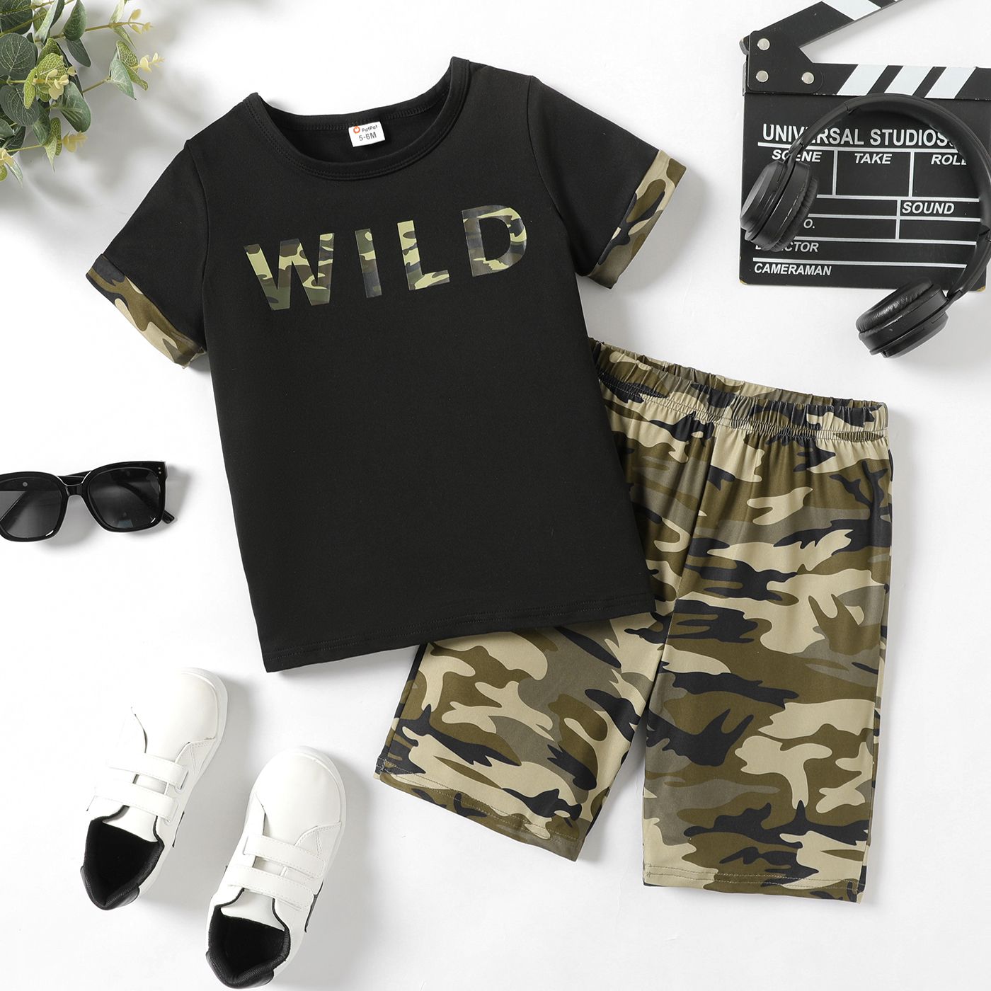 

2pcs Kid Boy Letter Print Short-sleeve Tee and Camouflage Print Shorts Set