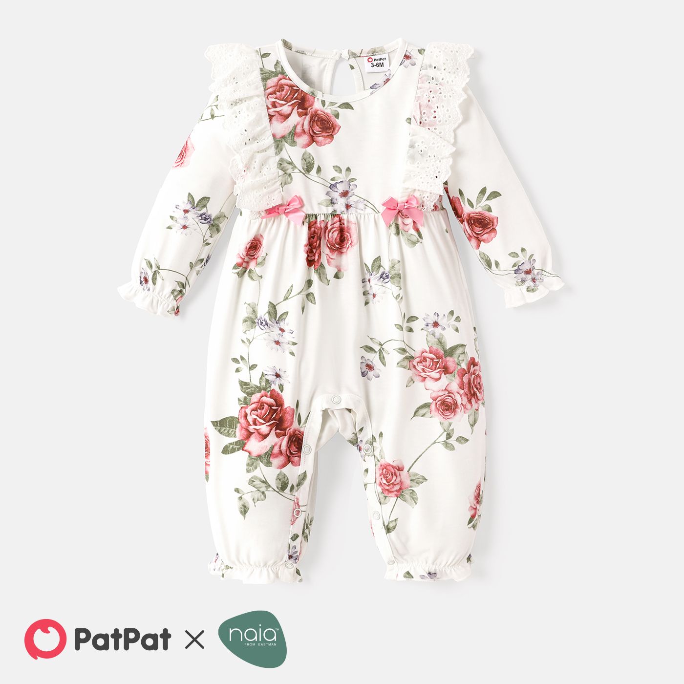 

Baby Girl Floral Print Ruffle Trim Long-sleeve Naia™ Jumpsuit