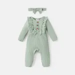 2pcs Baby Girl Solid Cotton Ribbed Ruffle Trim Bow Front Long-sleeve Jumpsuit with Headband Set Light Green