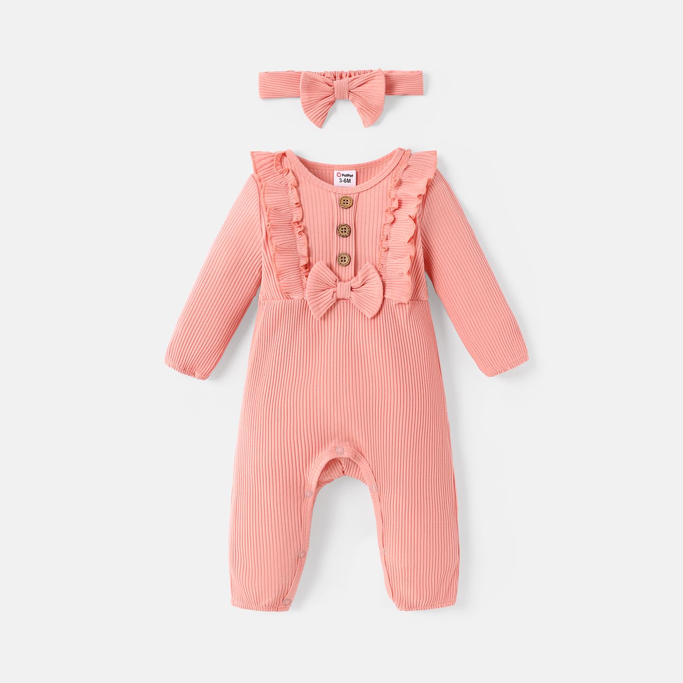 

2pcs Baby Girl Solid Cotton Ribbed Ruffle Trim Bow Front Long-sleeve Jumpsuit with Headband Set