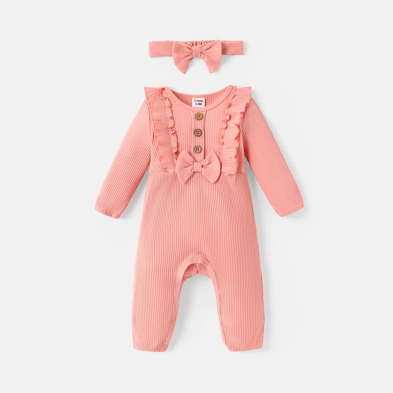 2pcs Baby Girl Solid Cotton Ribbed Ruffle Trim Bow Front Long-sleeve Jumpsuit with Headband Set  big image 1