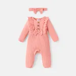 2pcs Baby Girl Solid Cotton Ribbed Ruffle Trim Bow Front Long-sleeve Jumpsuit with Headband Set Pink