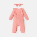 2pcs Baby Girl Solid Cotton Ribbed Ruffle Trim Bow Front Long-sleeve Jumpsuit with Headband Set  image 2