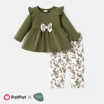 2pcs Baby Girl Solid Cotton Ruffle Trim Bow Front Long-sleeve Top and Floral Print Naia™ Pants Set Army green