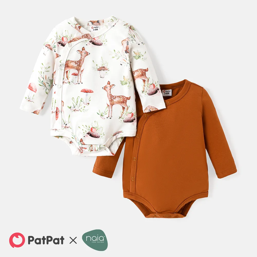 2-Pack Baby Girl Long-sleeve Solid Cotton and Allover Deer Print Naia™ Rompers Set  big image 1