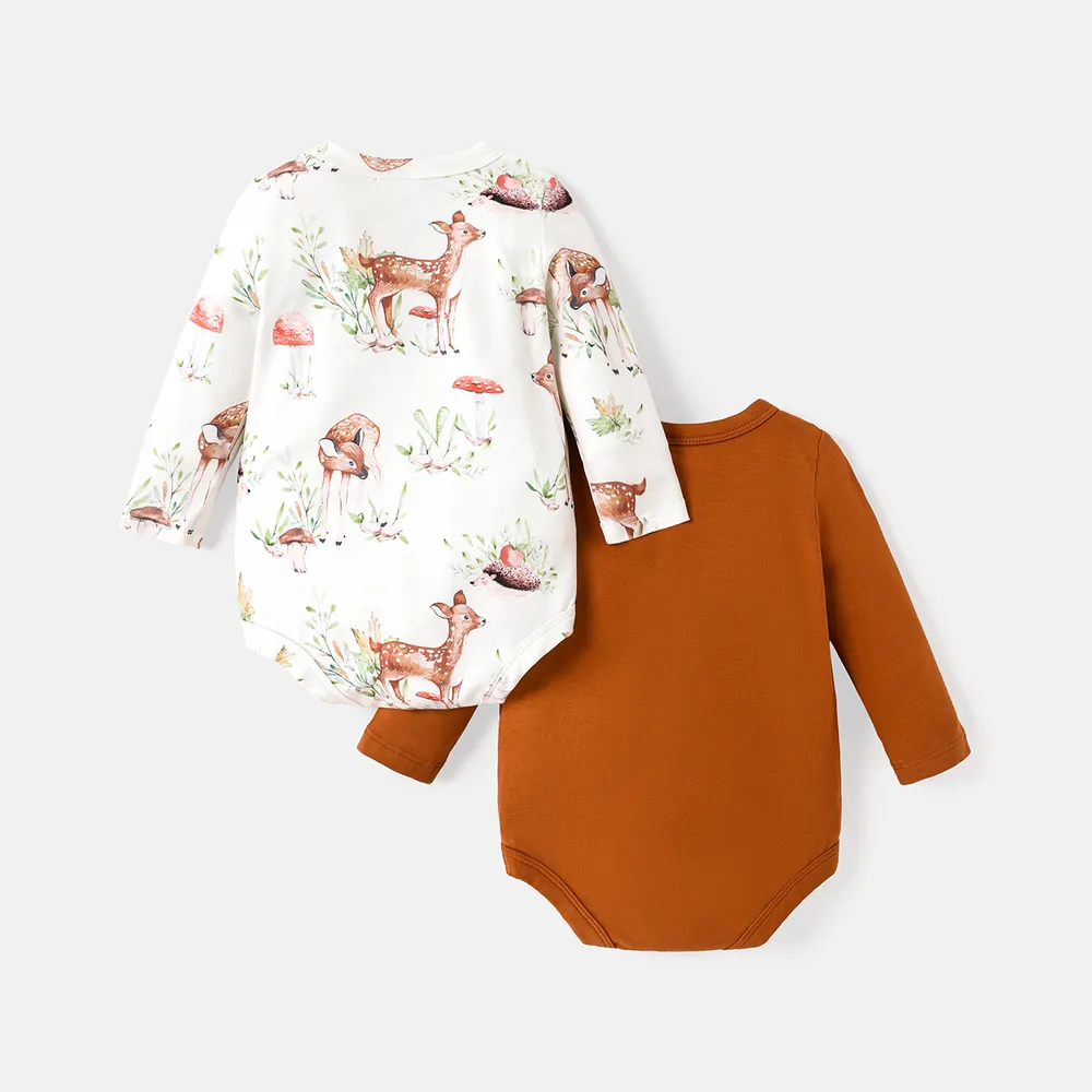 2-Pack Baby Girl Long-sleeve Solid Cotton and Allover Deer Print Naia™ Rompers Set big image 4