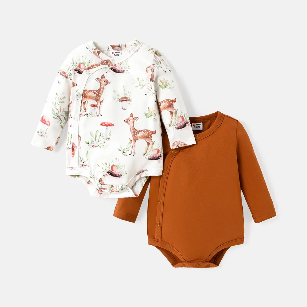 2-Pack Baby Girl Long-sleeve Solid Cotton and Allover Deer Print Naia™ Rompers Set big image 8