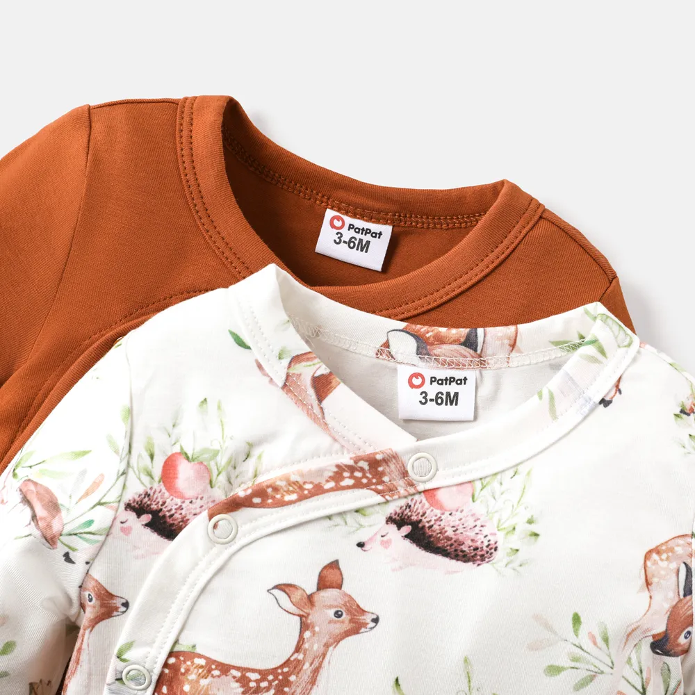 2-Pack Baby Girl Long-sleeve Solid Cotton and Allover Deer Print Naia™ Rompers Set big image 5