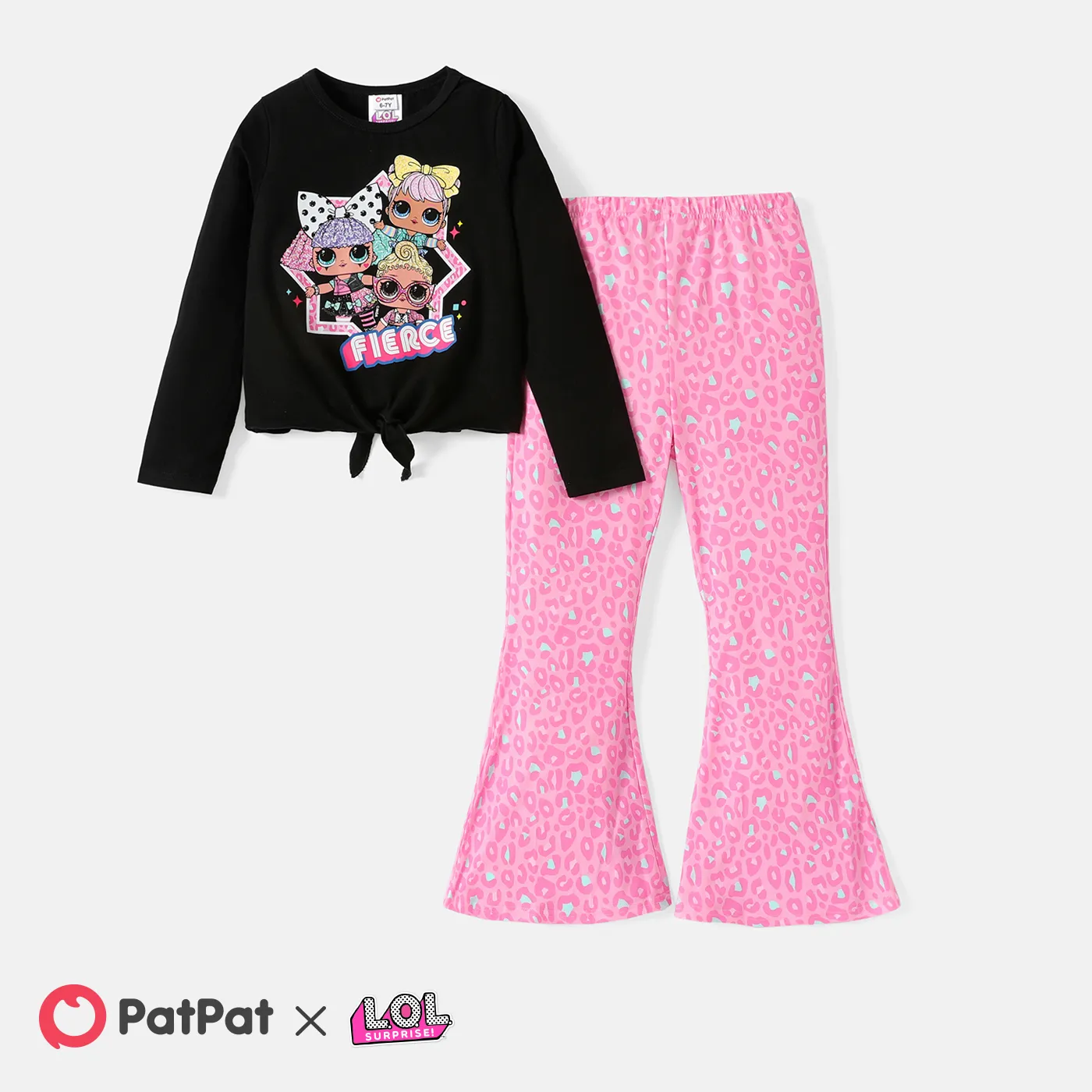 

L.O.L. SURPRISE! 2pcs Kid Girl Tie Knot Cotton Long-sleeve Tee and Heart/Leopard Print Flared Pants Set