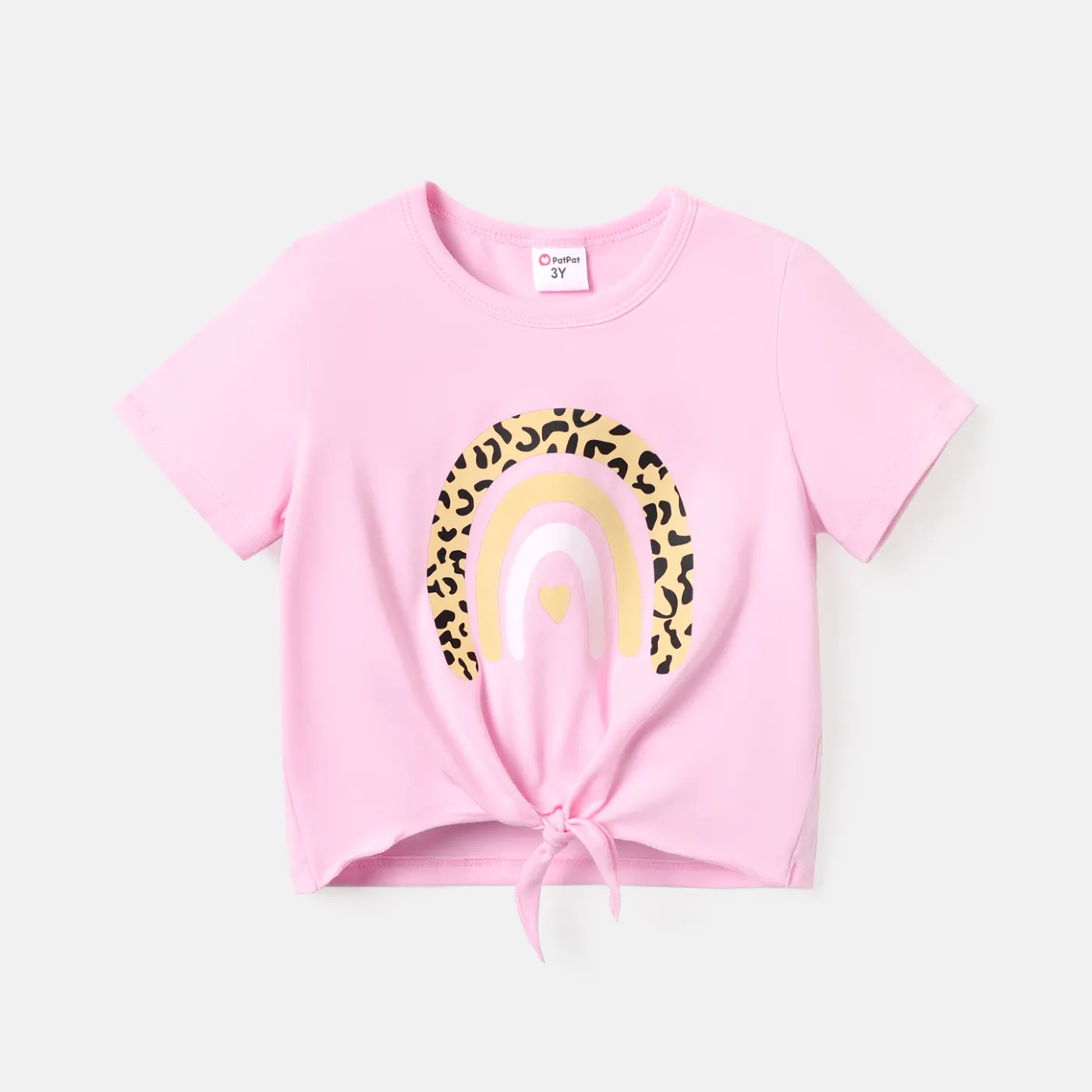 Toddler Girl Rainbow Print Tie Knot Short-sleeve Cotton Tee Pink big image 1