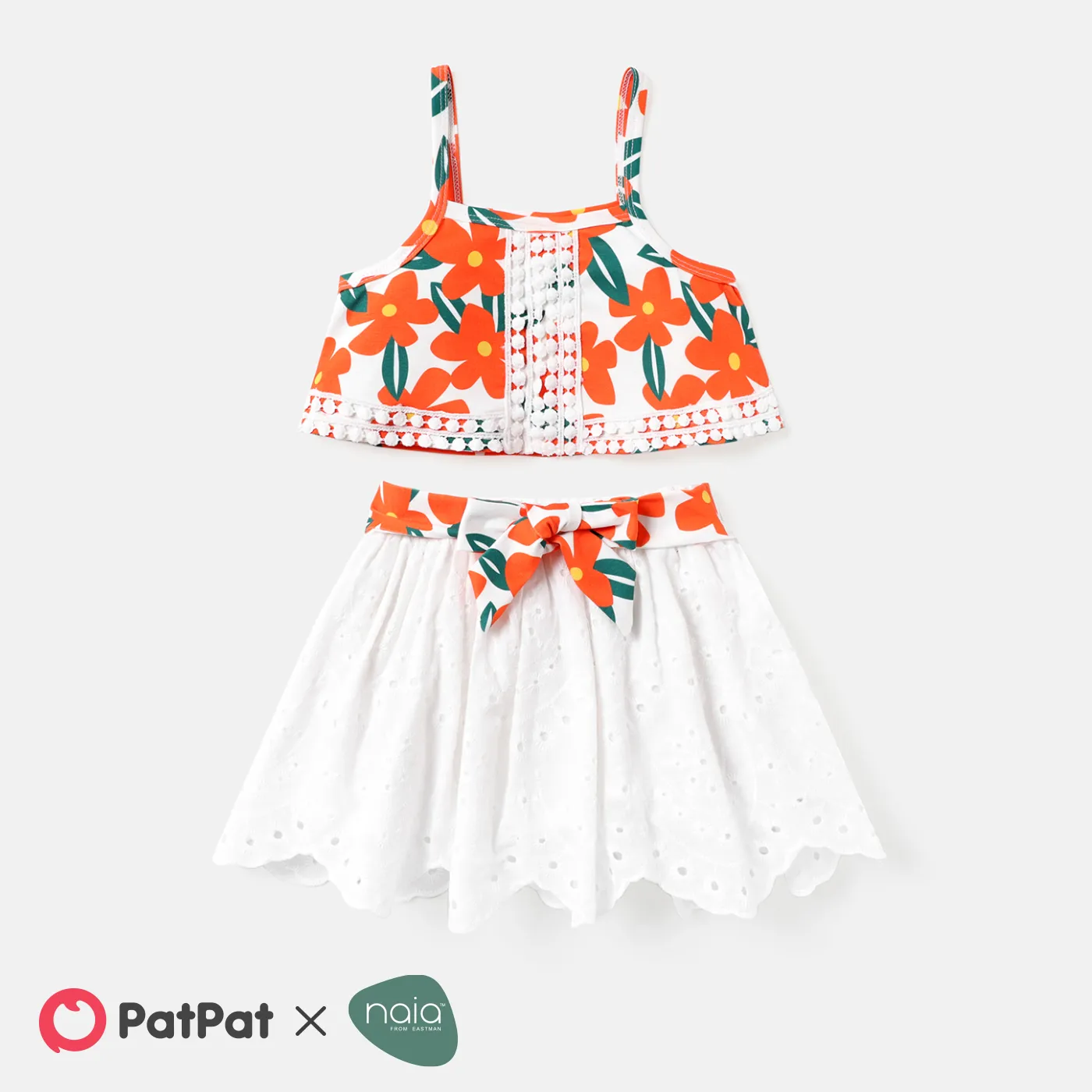 

3pcs Baby Girl 100% Cotton Eyelet Embroidered Skirt and Floral Print Naia™ Cami Top & Belt Set