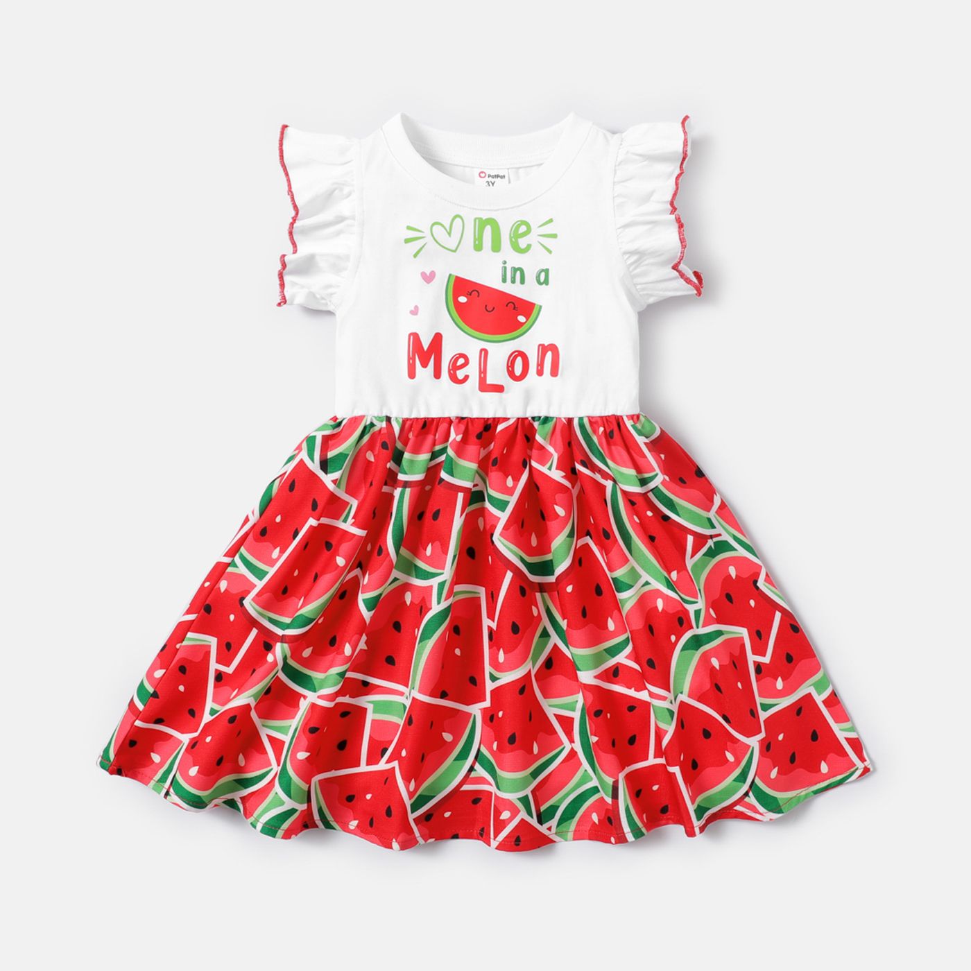 

Toddler Girl Watermelon Print Splice Flutter-sleeve Dress